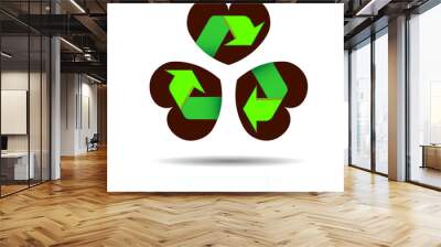 recycled materials green symbol located on abstract three leaf clover in shape of heart, attribute s Wall mural