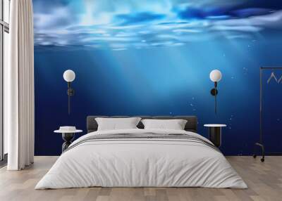 Sea or ocean surface seen from underwater, background. Surface seen from under water. Rays of light, abstract marine backdrop. Nature landscape, beams blurred. Vector illustration. Wall mural