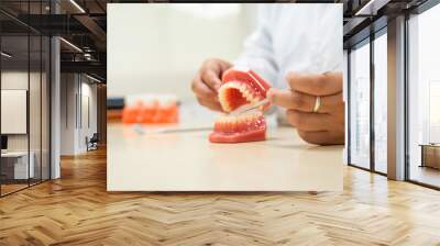  A female doctor sits at a table in a hospital, discussing dental issues like wisdom teeth, cavities, dentures,missing teeth, and cracked teeth, explaining the causes and treatment of dental caries. Wall mural