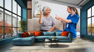 Caucasian female doctor shares a celebratory high five with an elderly Asian patient while both are seated together on the sofa. Wall mural