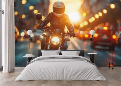 Motorcycle Rider Navigating Through Busy City Street at Night Wall mural