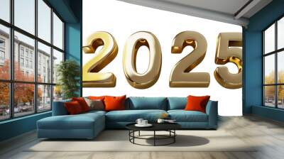 2025 Happy New Year 3d number gold isolated on white background Wall mural