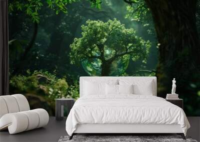 Green forest with the Earth global planet that tree growing , save the Earth concept Wall mural