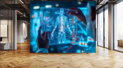 A doctor carefully examines a virtual x-ray projection with focused attention. The integration of advanced technology in medical diagnostics. Generative AI. Wall mural