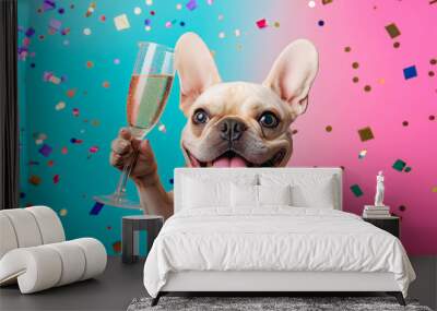 A French Bulldog drinks champagne at a New Year's Eve party, surrounded by festive decorations and colorful lights. The concept of celebration, joy, and starting the new year with style and fun. Wall mural