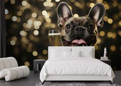 A French Bulldog drinks champagne at a New Year's Eve party, surrounded by festive decorations and colorful lights. The concept of celebration, joy, and starting the new year with style and fun. Wall mural