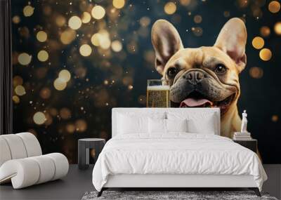 A French Bulldog drinks champagne at a New Year's Eve party, surrounded by festive decorations and colorful lights. The concept of celebration, joy, and starting the new year with style and fun. Wall mural