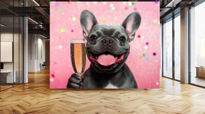 A French Bulldog drinks champagne at a New Year's Eve party, surrounded by festive decorations and colorful lights. The concept of celebration, joy, and starting the new year with style and fun. Wall mural