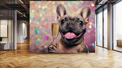 A French Bulldog drinks champagne at a New Year's Eve party, surrounded by festive decorations and colorful lights. The concept of celebration, joy, and starting the new year with style and fun. Wall mural