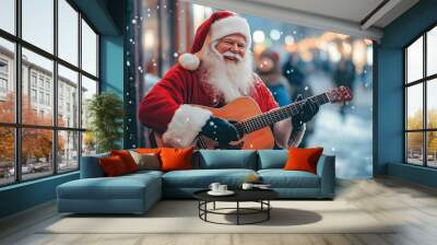 A Santa Claus plays an acoustic guitar on a cold winter day. The concept of Merry Christmas, festive music, and holiday spirit. Generative AI. Wall mural