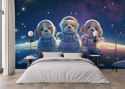 astronaut puppy dog fly in space galaxy in suit with view of rocket, earth planet, star behind as funny animal dog fantasy universe and science vector background Wall mural