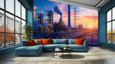 high voltage electrical wire supply network station for distribute electricity energy to town home and industry for business technology by electrical engineer with background of power plant Wall mural