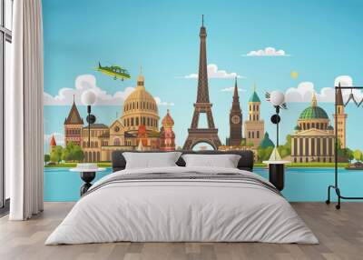 vector view of Europe travel destination landmark in background Eiffel tower, bigben tower famous church and landmark of famous place in Europe Wall mural