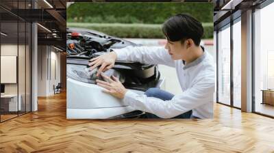 A male mechanic inspects a broken-down car on the roadside, while a female insurance agent provides assistance. The Caucasian driver, holding a clipboard, discusses the damage and files a claim for re Wall mural