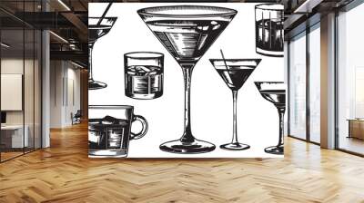 Hand-drawn Cocktails alcoholic daiquiri, old fashioned, manhattan, martini, sidecar glass hand drawn engraving vector illustration vintage style outline vector  illustration 
 Wall mural