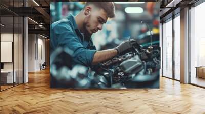 A side profile of an auto mechanic working on a car engine, with parts of the engine clearly visible and the workshop environment in the background Wall mural