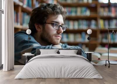 A young adult in a library pondering over a book they are reading Wall mural