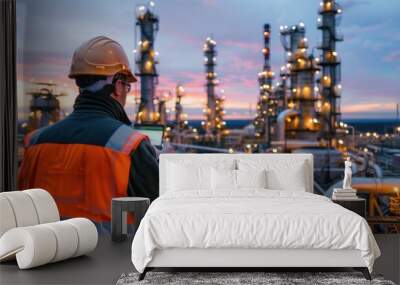 An isolated image of a refinery worker inspecting equipment at an oil refinery, with space around for highlighting safety protocols or industrial processes  Wall mural