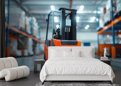 Close-up of an order picker forklift's platform lifting a worker Wall mural