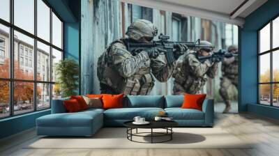 soldiers engaging in a training exercise outside their barracks, capturing camaraderie and teamwork Wall mural