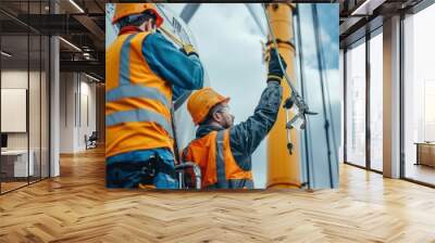 Technicians repairing a wind turbine blade using a crane Wall mural