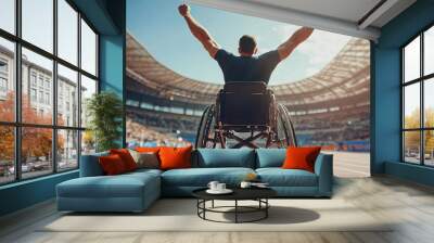 Man in Wheelchair Celebrates Paralympic Victory from Behind paralympic Wall mural