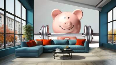 piggy bank with a barbell showcasing financial strength and savings growth, Concept of financial health and investment fitness Wall mural