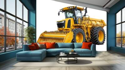 A yellow tractor with a large bucket on the back. The tractor is parked on a white background Wall mural