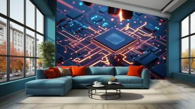 Close-up of a futuristic microchip on a motherboard with glowing circuitry, symbolizing advanced technology and digital innovation. Wall mural