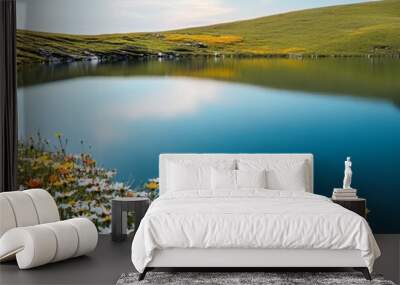 Serene landscape with wildflowers by a tranquil lake surrounded by lush green hills under a clear blue sky. Wall mural