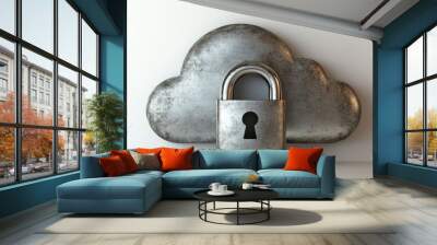 3D cloud icon and metal padlock locked together, representing cloud security, isolated on white Wall mural