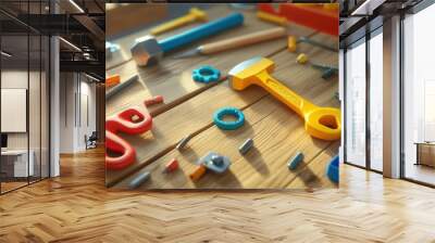 A 3D toy tool set with plastic hammer, wrench, and screws laid out on a wooden workbench Wall mural