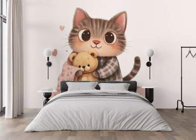 A cartoon cat in pajamas, holding a teddy bear and ready for bed with a cozy blanket. Wall mural