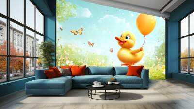 A cheerful cartoon duck holding a balloon, floating above a flower-filled meadow with butterflies and bees buzzing around Wall mural