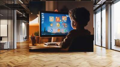 A child sitting at a computer, participating in an online learning game, with educational graphics on the screen Wall mural