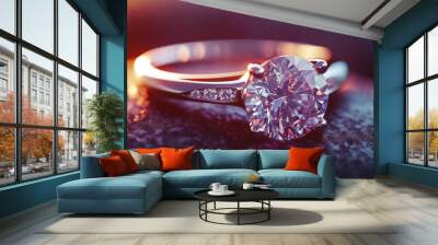 A close-up of a diamond ring on a velvet cushion, with the gem sparkling under soft, diffused light Wall mural