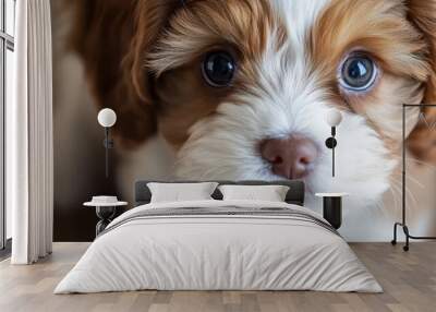 A close-up of a fluffy puppy face, looking curiously into the camera with bright, wide eyes Wall mural