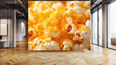 A close-up of popcorn dusted with cheddar cheese powder, with an appetizing orange color and crunchy texture Wall mural