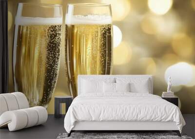 A close-up of two champagne glasses clinking in celebration with a blurred romantic background. Wall mural