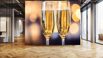 A close-up of two champagne glasses clinking in celebration with a blurred romantic background. Wall mural