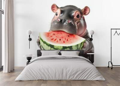 A cute baby hippo sitting and eating watermelon, isolated on a white background Wall mural