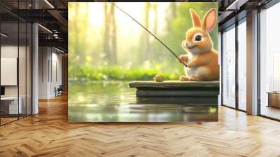 A cute cartoon rabbit fishing in a pond, sitting on a wooden pier with a fishing rod and a happy smile Wall mural