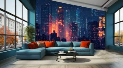 A dramatic shot of a city skyline at night, with illuminated windows forming geometric lines against the darkness Wall mural