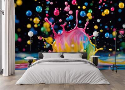 A dynamic capture of paint being flung onto a surface, creating a splash of mixed colors. Wall mural