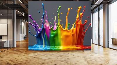 A dynamic splash of rainbow-colored paints blending together in mid-air, creating a unique pattern. Wall mural