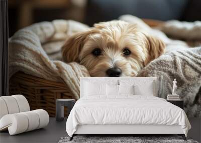 A fluffy puppy snuggled up in a basket with a soft blanket, looking cozy and content in a warm home setting - Wall mural