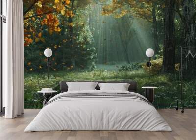 A forest bathed in sunlight, with the ground covered in a mix of grass and fallen leaves. Wall mural