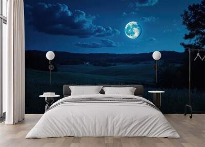 A full blue moon casting a gentle light over a quiet countryside at night. Wall mural