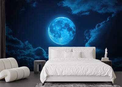 A full blue moon glowing softly, with scattered clouds creating a mystical atmosphere in the night sky. Wall mural