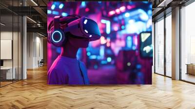 A gamer in full VR gear, controlling their avatar in a metaverse gaming world with vivid environments. Wall mural